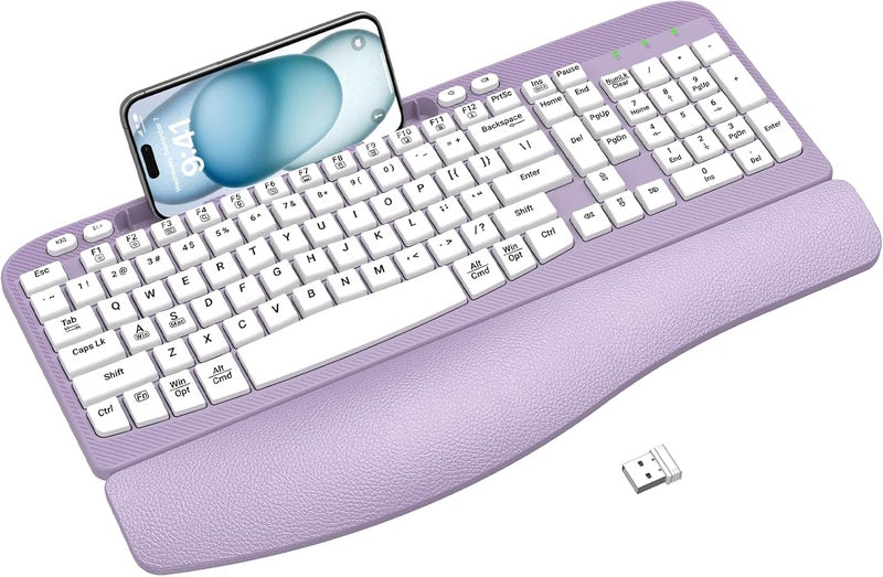 EAYBLLY Ergonomic Wireless Keyboard with Cushioned Wrist Rest, Wave Keys, Phone Holder, Comfortable Natural Typing, 2.4GHz Full Size Cordless USB Computer Keyboard for Windows, Mac OS, Laptop, PC (Purple) - Image 1